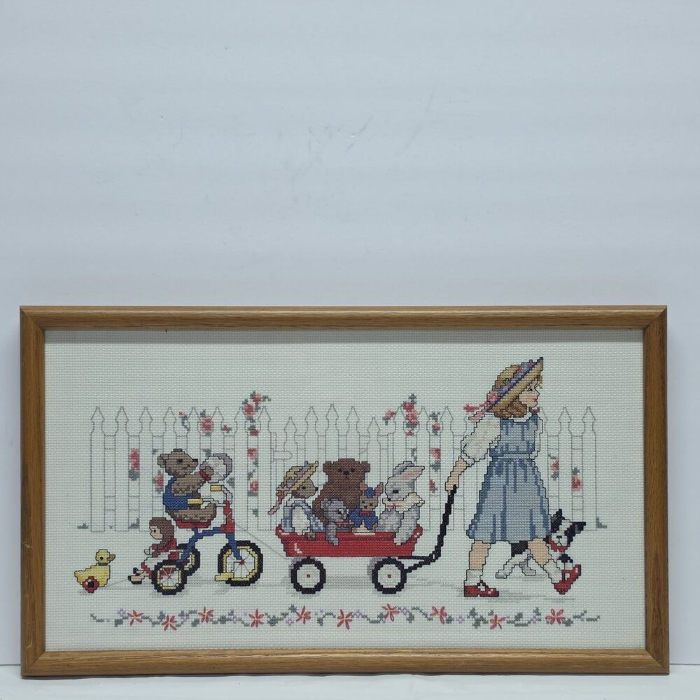 Vintage Framed Handmade Cross Stitch Embroidery 17"x10" Girl With Toys In Cart